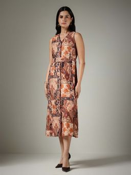 FableStreet - A-Line Midi Dress with Belt- Beige