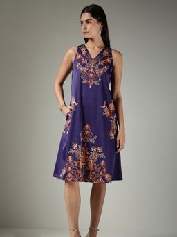 FableStreet - Satin A-Line Floral Dress - Purple