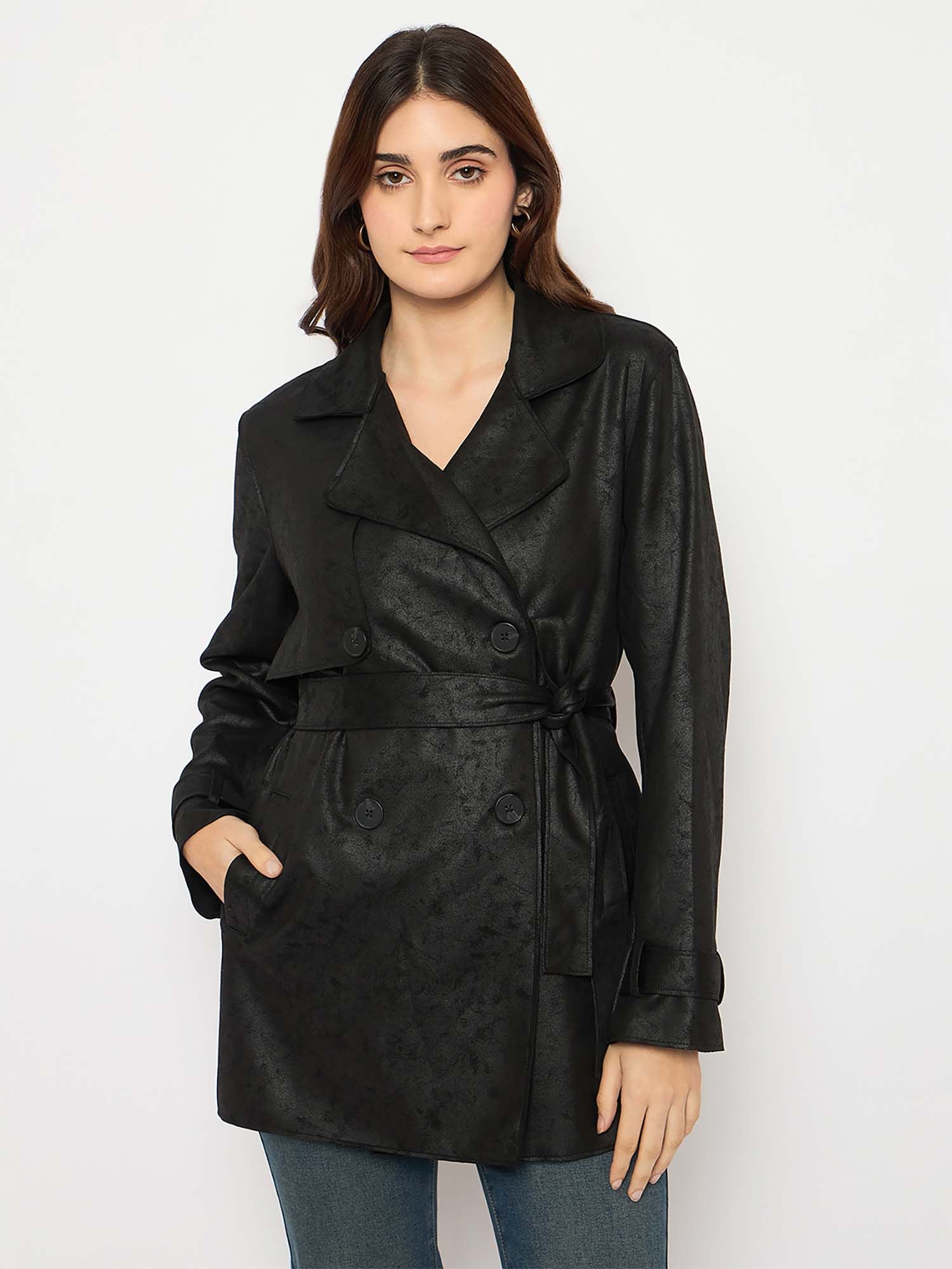 madame Double Breasted Buckle Belt Detailed Solid Black Trench Coat with Belt-picture-21