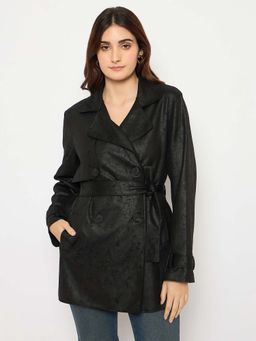 Madame - Double Breasted Buckle Belt Detailed Solid Black Trench Coat with Belt