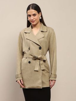Madame - Double Breasted Buckle Belt Detailed Solid Olive Trench Coat with Belt