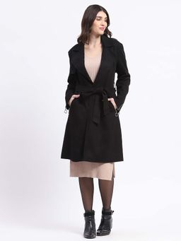 Madame - Metal Zip Raw Edge Detailed Solid Black Trench Coat with Belt
