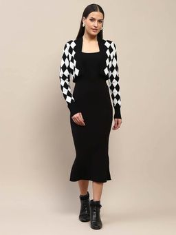 Madame - Solid Dress and Geometric Print Shrug