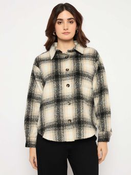 Madame - Chequered Rounded Hem Collared Black Shacket