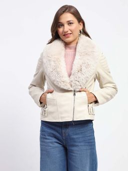 Madame - Shanaya Kapoor Off White Faux Fur Trim Leather Jacket