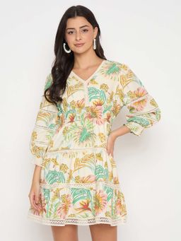 Madame - Floral Print Tiered Off White Mini Dress