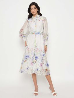 Madame - Floral Print Belted White Shirt Dress
