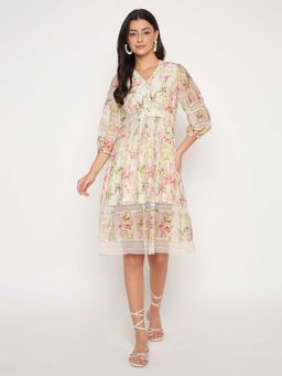Madame - Floral Print Laced Off White Knee Length Dress
