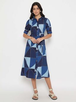 Madame - Geometric Print Belted Blue Midi Shirt Dress