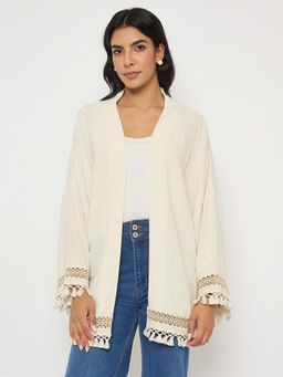 Madame - Crochet Lace Trim and Tassel Detail Beige Shrug