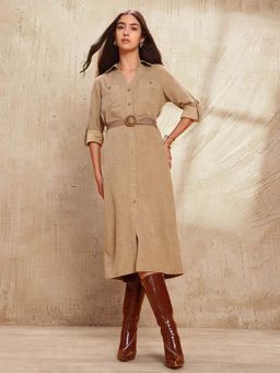 U.S. POLO ASSN. - Solid Midi Shirt Dress with Belt