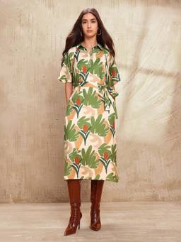 U.S. POLO ASSN. - Tropical Printed Midi Shirt Dress with Belt