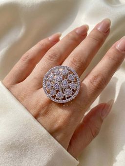 Adwitiya - White Stone-Studded Cocktail White Silver Ring