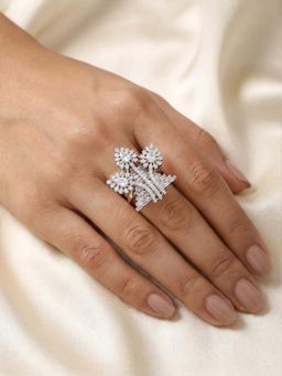Adwitiya - White Large Vintage Rhinestone Leaf Shape Silver Ring