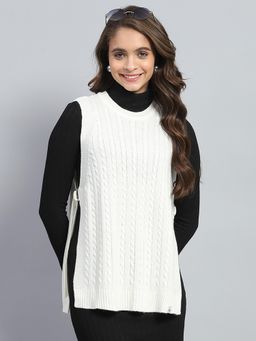 Monte Carlo - Womens White Self Design Round Neck Sleeveless Top