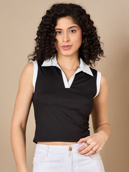 Kibo - Colourblocked Collar Neck Black Top