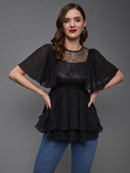 Miss Chase - Women's Black Round Neck Flared Sleeves All That Glitter Party Top
