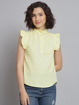 NOBARR - Women's Linen Sleevless Mandarin Collar Lime Yellow Top