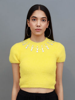 NOBARR - Women's Polyamide Furr with Crew Studded Neck Yellow Crop Top