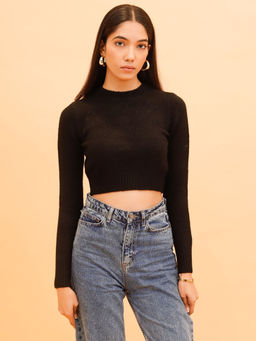 NOBARR - Women's Cotton Long Sleeve with Crew Neck Black Crop Top