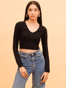 NOBARR - Women's Polyester Long Sleeve with V-Neck Black Crop Top