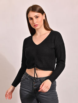 NOBARR - Women's Viscose Full Sleeve with V-Neck Black Crop Top