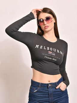 NOBARR - Women's Cotton Round Neck with Full Sleeve Black Crop Top