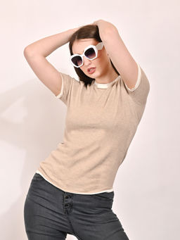 NOBARR - Women's Polyester Round Neck with Half Sleeve Beige Top