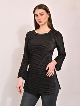 NOBARR - Women's Polyester Straight Full Sleeve with Round Neck Black Long Top