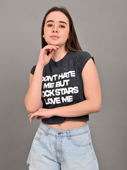 NOBARR - Women's Cotton Round Neck with Cap Sleeve Black Crop Top