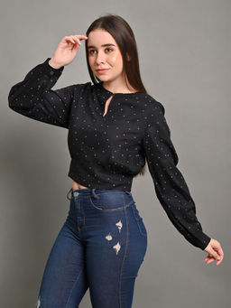 NOBARR - Women's Full Sleeve with Keyhole Neck Printed Black Top
