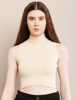 NOBARR - Women's Viscose High Neck Sleeveless Fitting Knit Cream Crop Top