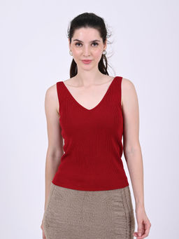 NOBARR - Women's Acrylic Sleeveless V-Neck Ribbed Red Top