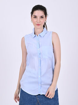 NOBARR - Women's Viscose Sleeveless Collar Striped Blue Shirt Style Top