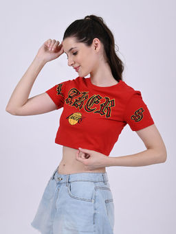 NOBARR - Women's Cotton Round Neck with Half Sleeve Red Crop Top