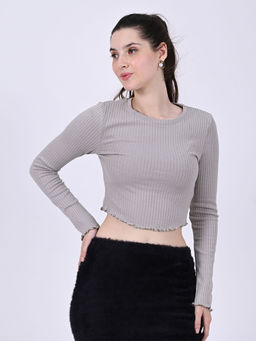 NOBARR - Women's Cotton Ribbed Full Sleeve Round Neck Grey Crop Top