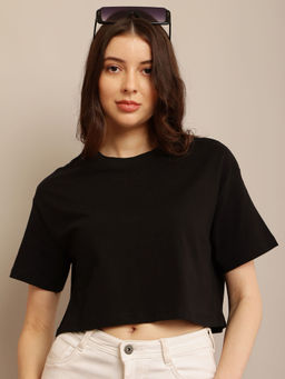 NOBARR - Women's Black Cotton Round Neck Half Sleeves Crop Top