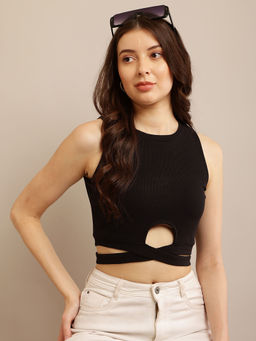 NOBARR - Women's Black Sleeveless Cotton Round Neck Crop Top
