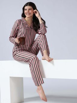 HOUSE OF COMFORT - Women Pink Stripes Shirt with Pyjama