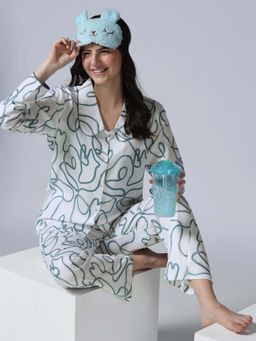 HOUSE OF COMFORT - Women White Printed Shirt with Pyjama