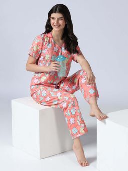 HOUSE OF COMFORT - Women Peach Printed Shirt with Pyjama