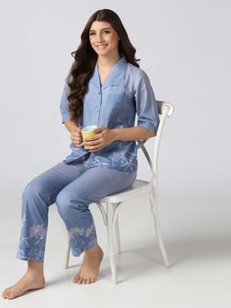 HOUSE OF COMFORT - Women Blue Printed Shirt with Pyjama