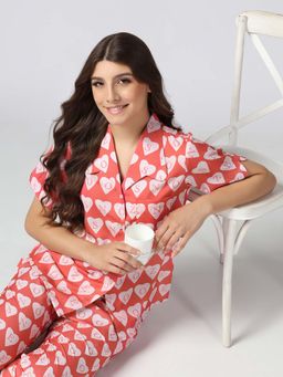 HOUSE OF COMFORT - Women Red Printed Shirt with Pyjama