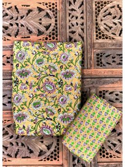 Palash - Brown Floral Block Printed Unstitched Cotton Top and Bottom Dress Material (Set of 2)