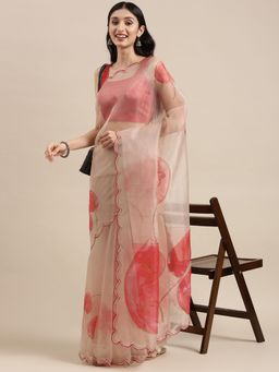 Vastranand - Red Organza Party Wear Saree With Foil Print Flower Butta with Unstitched Blouse