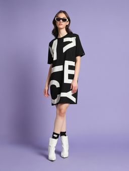 Bewakoof - Women's Black & White Typography Oversized Plus Size Dress
