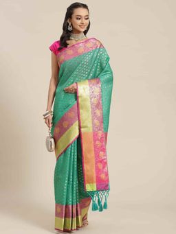 Silk Land - Heavy Zari Kanjeewaram Silk Saree with Unsticthed Blouse Piece Green with Unstitched