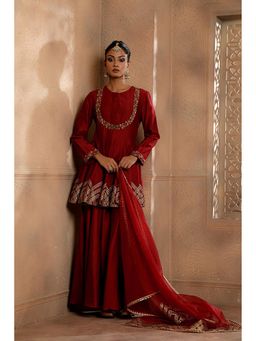 Omana by Ranjana Bothra - Red Embroidered Kurta with Sharara and Dupatta