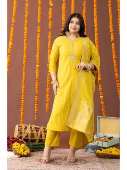 Mamicha - Yellow V-Neck Embroidered Kurta With Pant And Dupatta