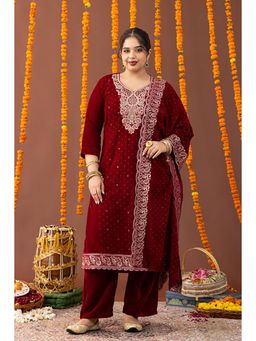 Mamicha - Maroon Embellished/Sequined Kurta With Pant And Dupatta